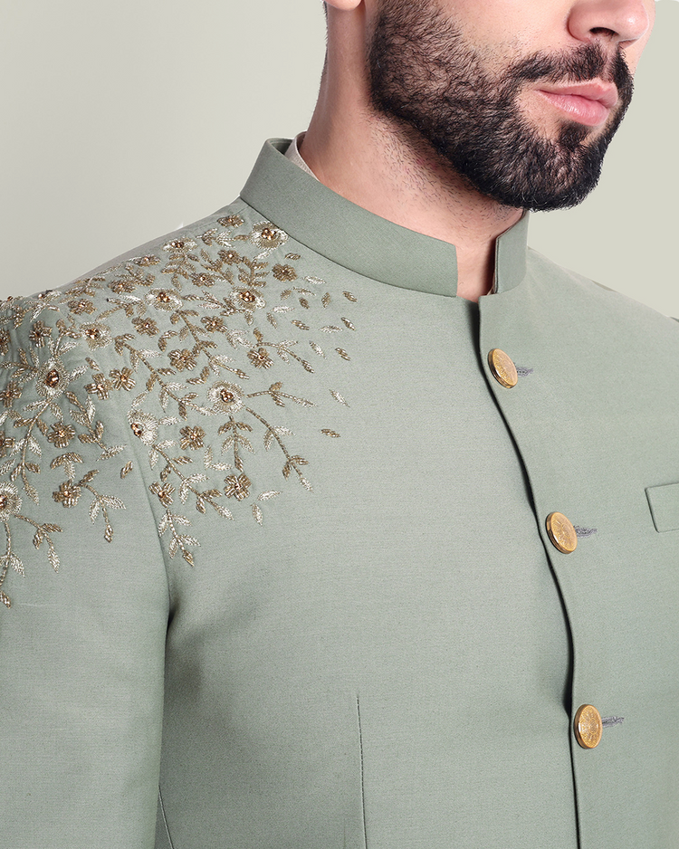Sage Green Asymmetrical Bandhgala with Hand Embroidery