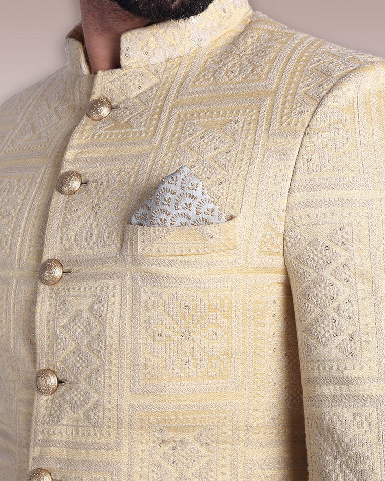 Light Gold Silk Sherwani with Intricate Threadwork