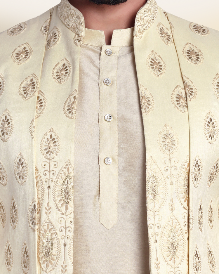 Beige Embroidered Long Nehru Jacket