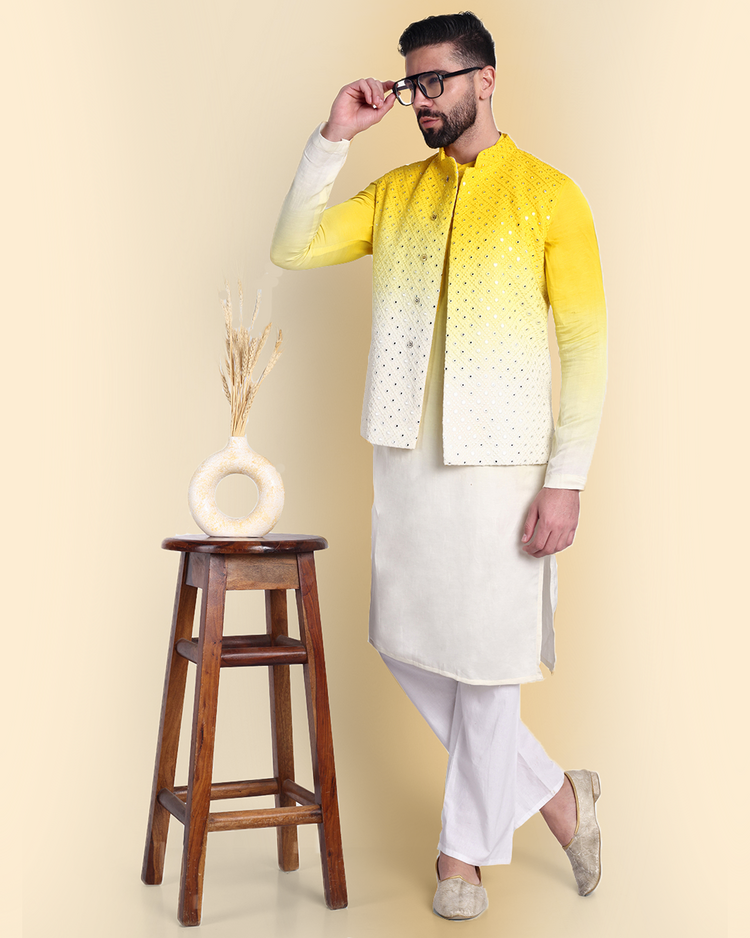 Yellow Cotton Silk Nehru Jacket Set with Mirror Work