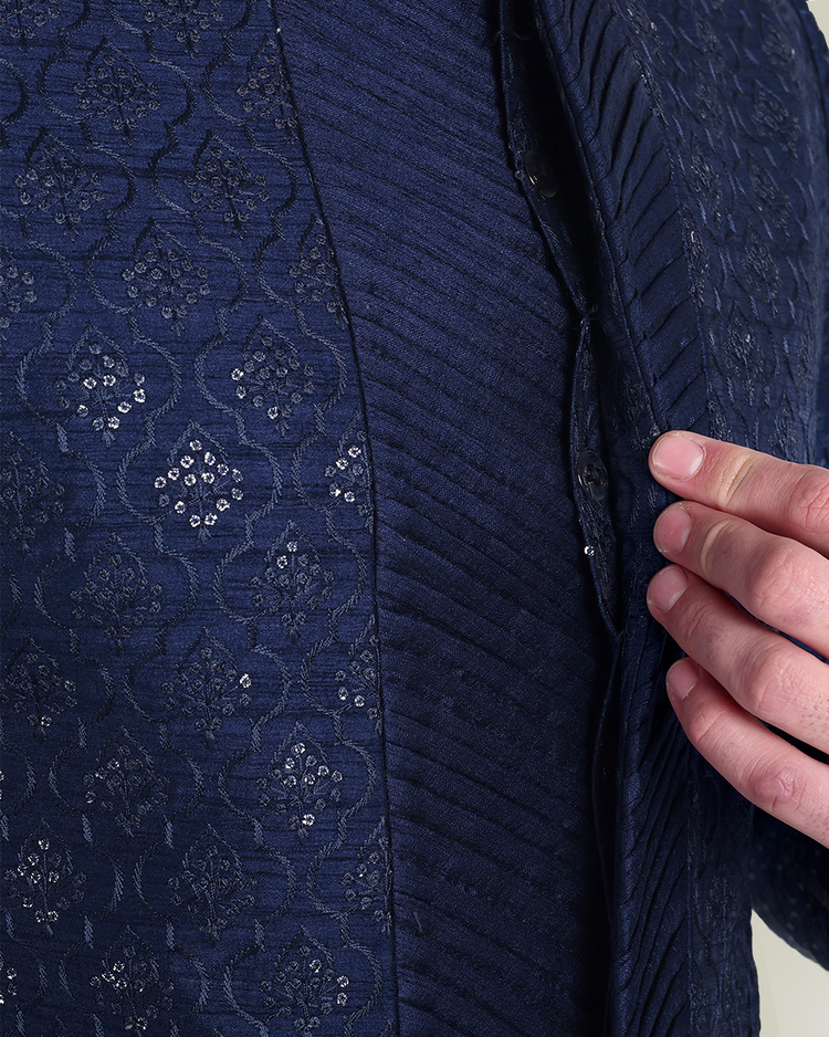 Navy Blue Silk Sherwani with Intricate Embroidery