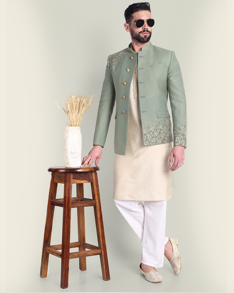 Sage Green Asymmetrical Bandhgala with Hand Embroidery