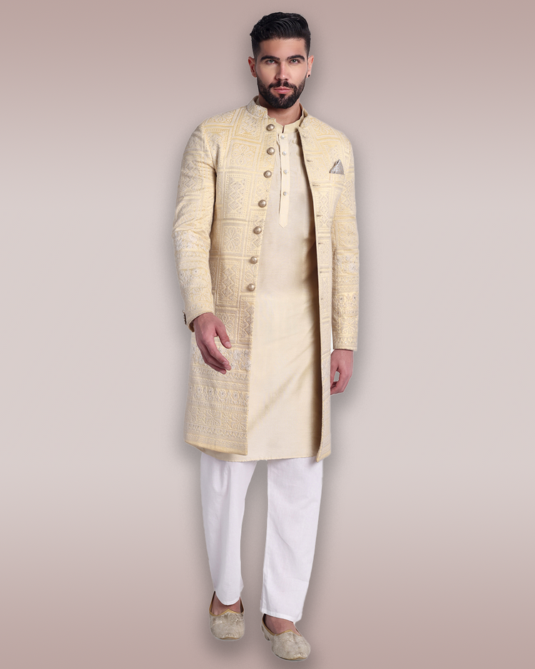 Light Gold Silk Sherwani with Intricate Threadwork