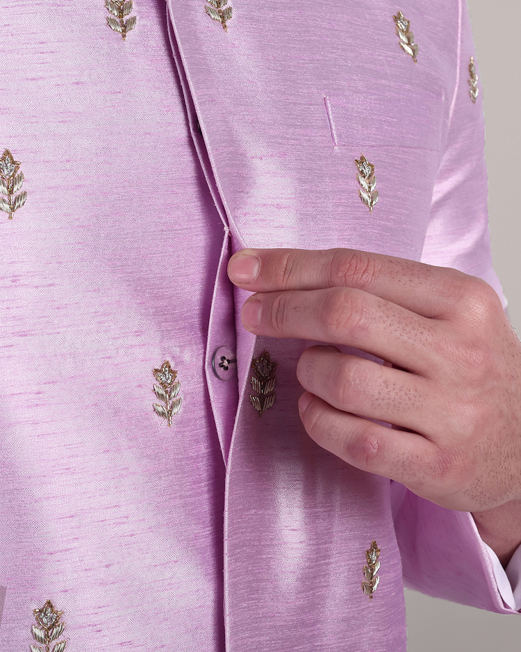 Lavender Raw Silk Sherwani Set with Cutdana and Zari Embroidery