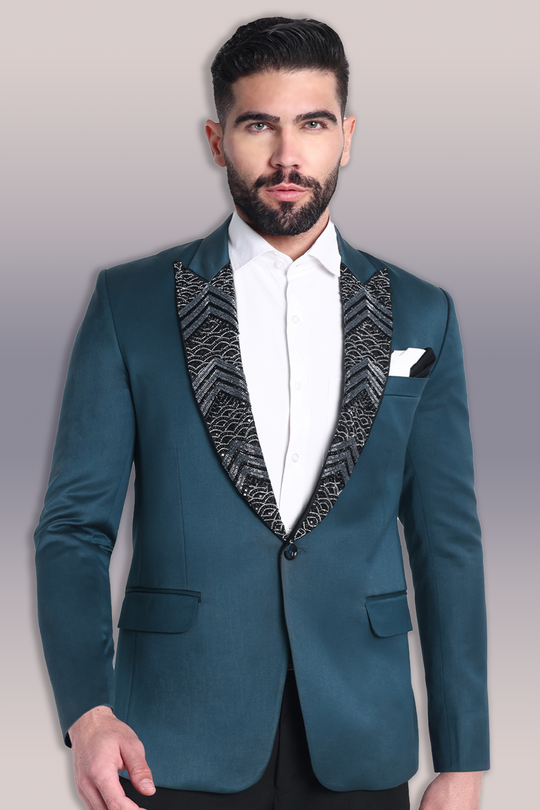 Teal Blue Embroidered Tuxedo with Embroidered Lapel
