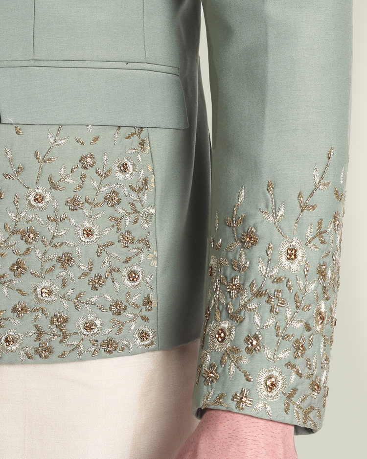 Sage Green Asymmetrical Bandhgala with Hand Embroidery