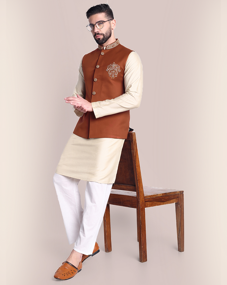 Rust Orange Embroidered Nehru Jacket