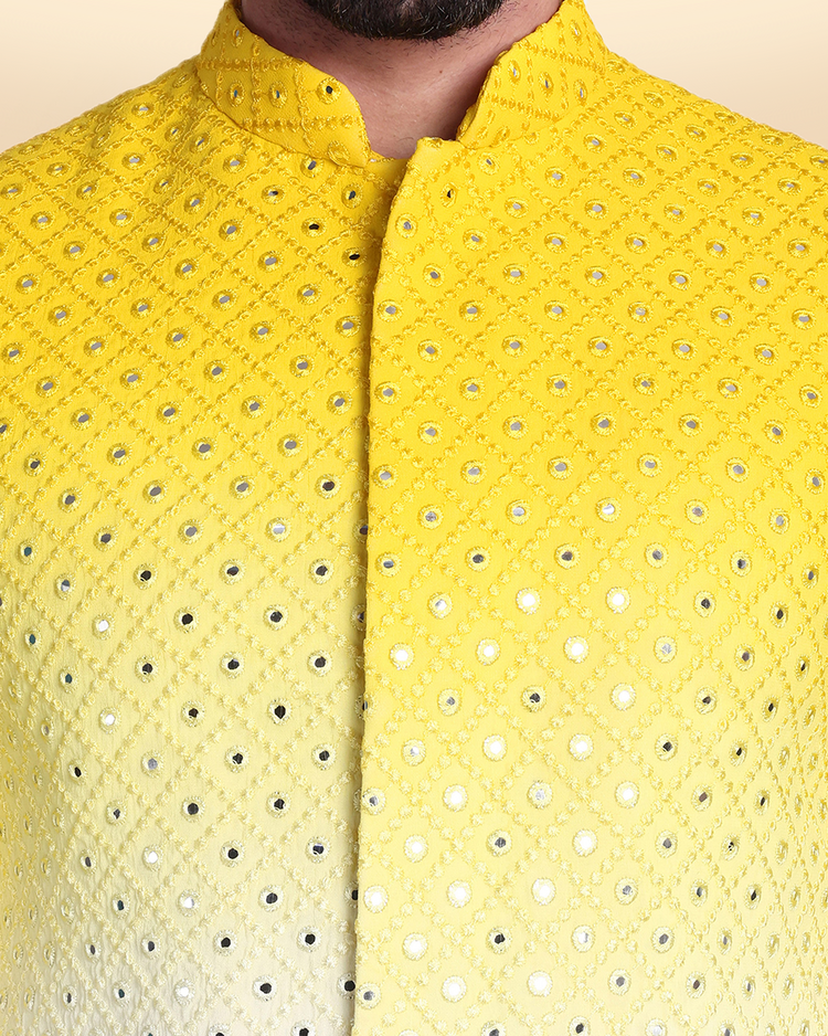 Yellow Cotton Silk Nehru Jacket Set with Mirror Work