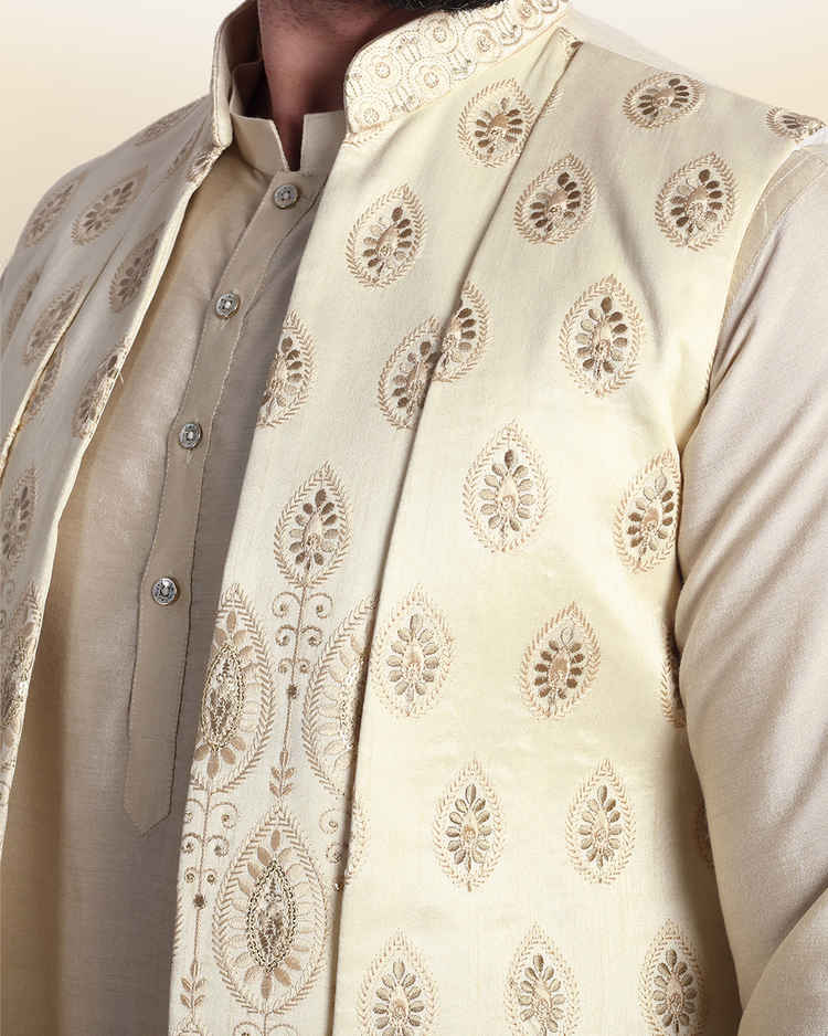 Beige Embroidered Long Nehru Jacket