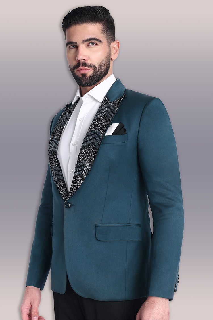 Teal Blue Embroidered Tuxedo with Embroidered Lapel