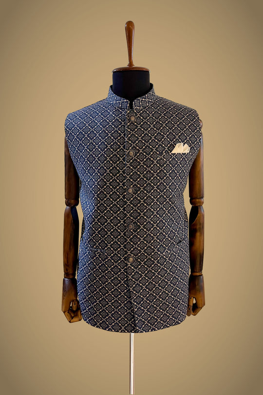 Blue White printed cotton with sequence Nehru jacket
