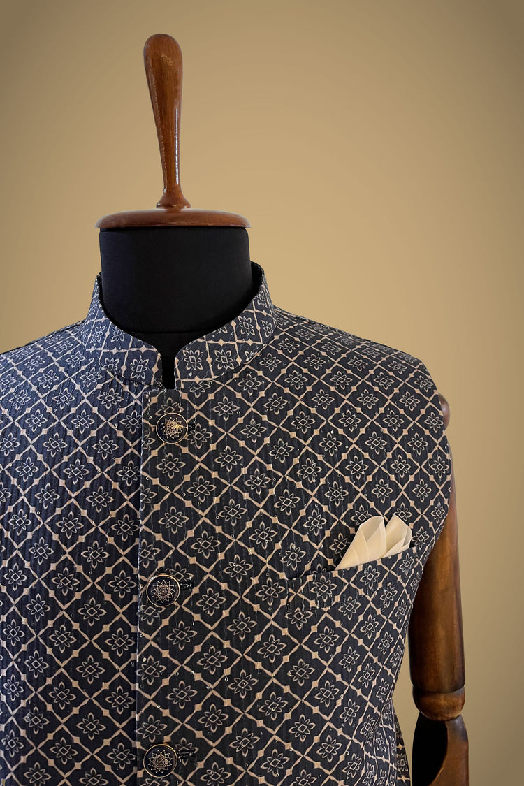 Blue White printed cotton with sequence Nehru jacket