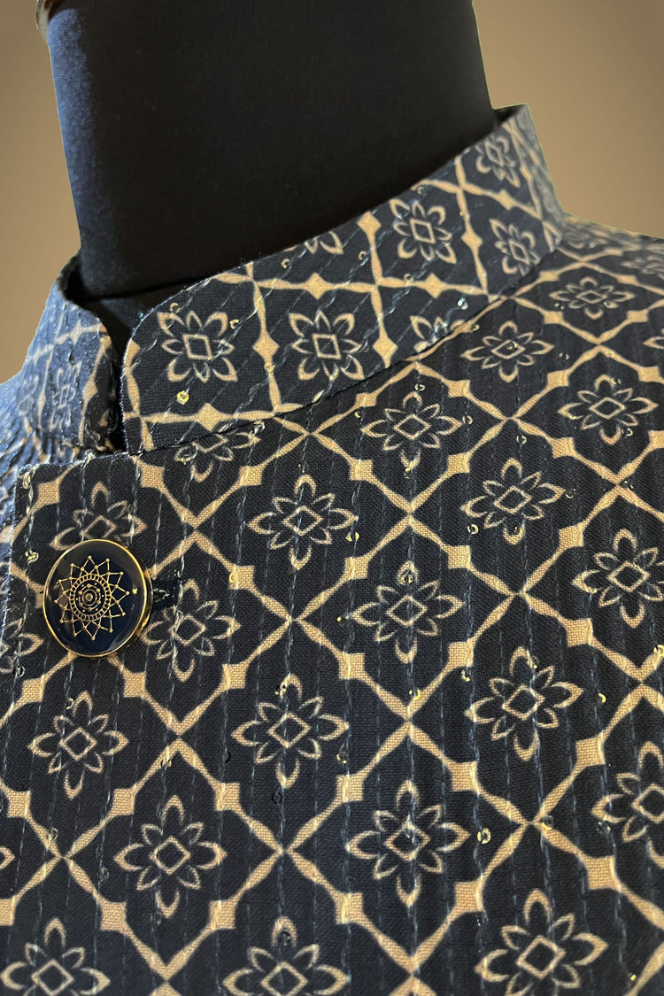 Blue White printed cotton with sequence Nehru jacket