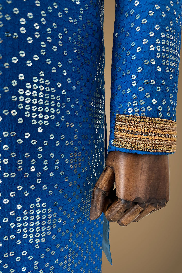 Blue open sherwani with embroidery