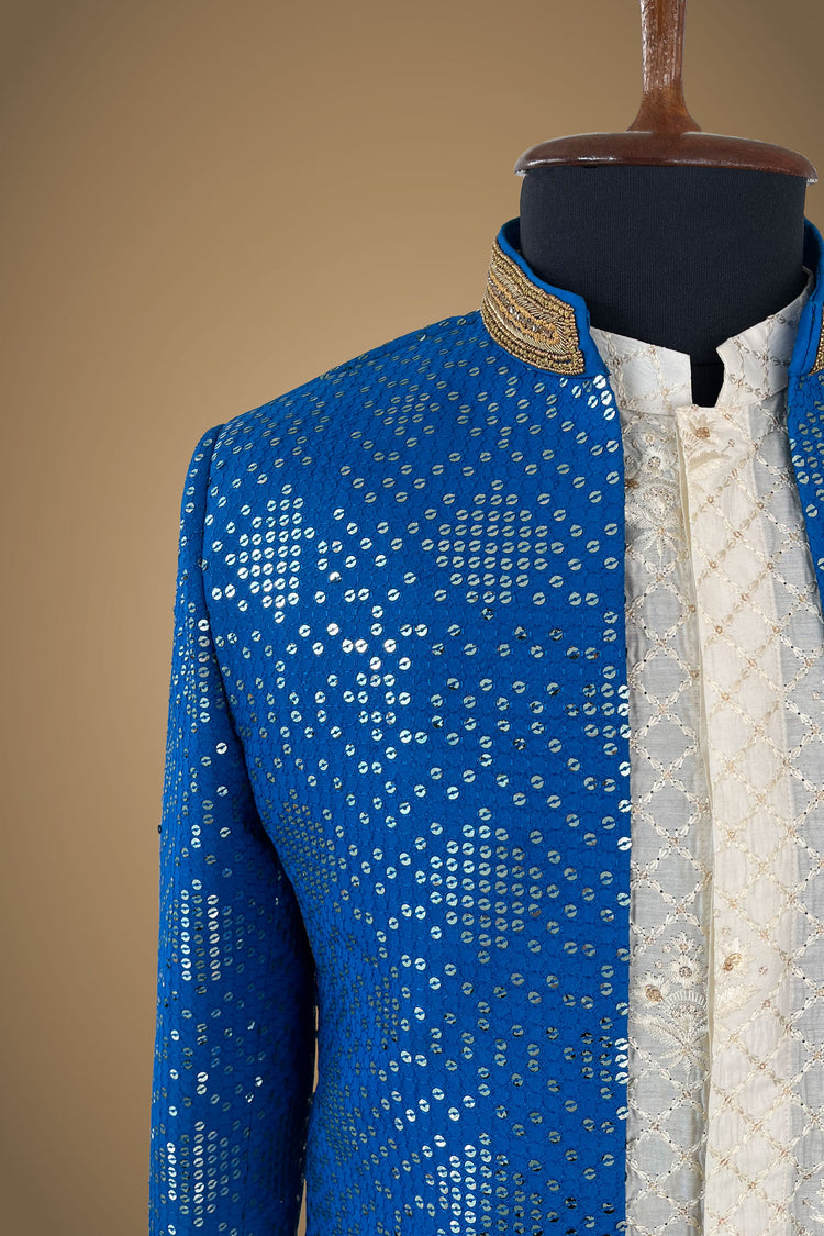 Blue open sherwani with embroidery