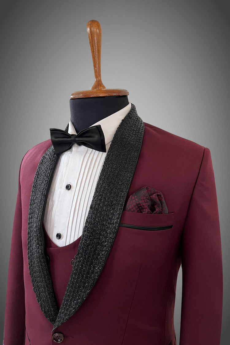Wine-Colored Bespoke Tuxedo with Exquisite Cutdana Detailing”