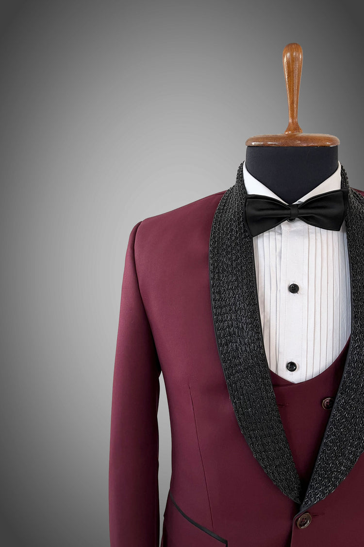 Wine-Colored Bespoke Tuxedo with Exquisite Cutdana Detailing”