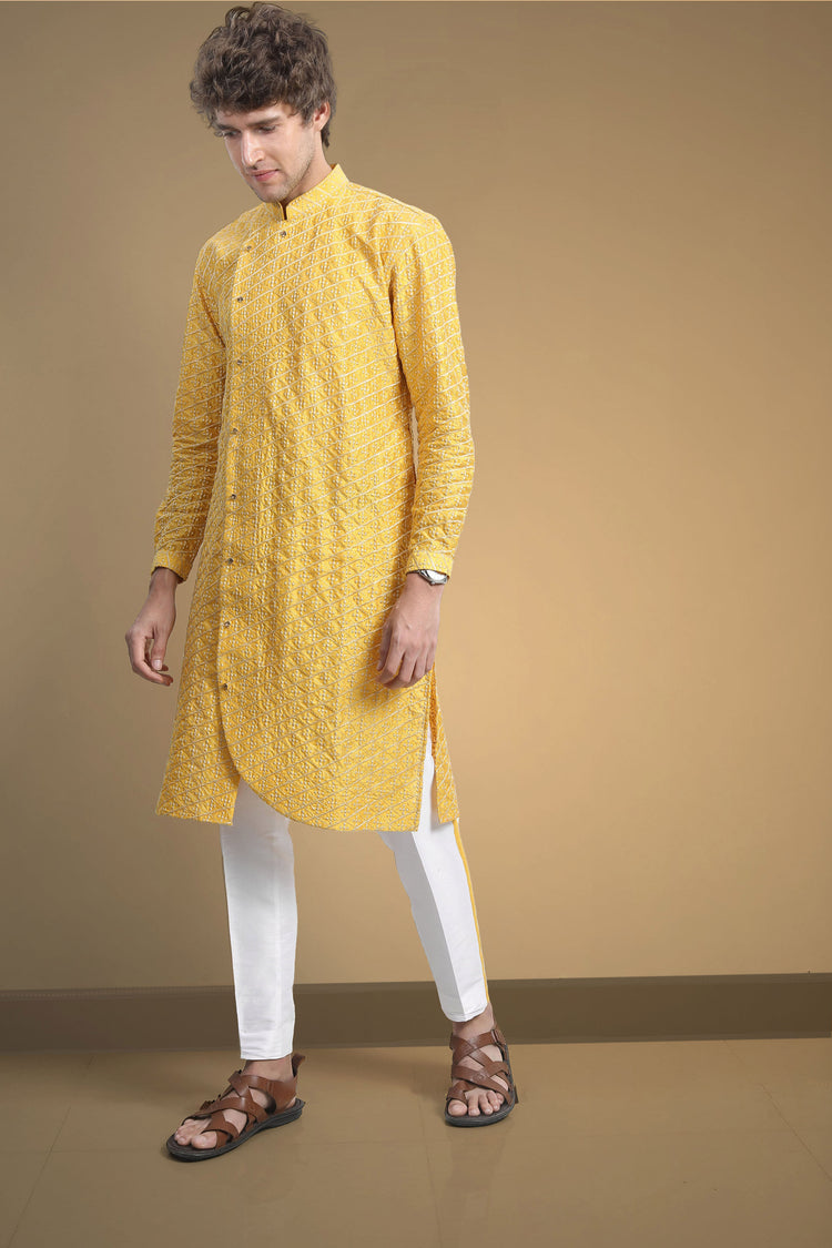 Asymmetric curved hem embroidered kurta set