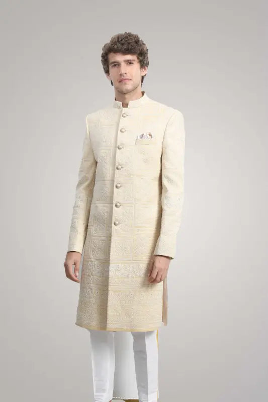 Cream embroidered sherwani