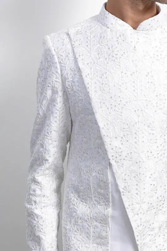 Cross panelled white sherwani