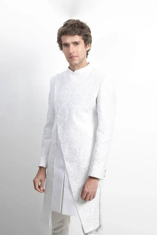 Cross panelled white sherwani set