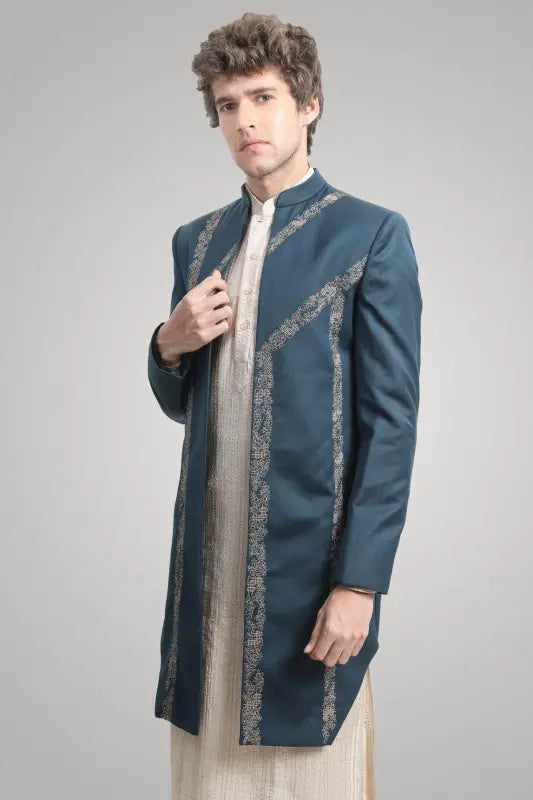 Dark teal blue open sherwani