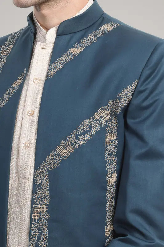 Dark teal blue open sherwani