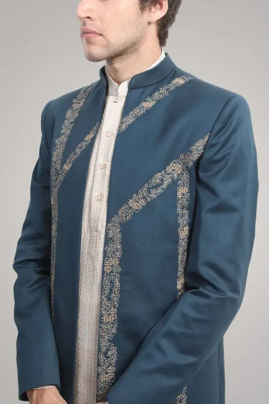 Dark teal blue open sherwani