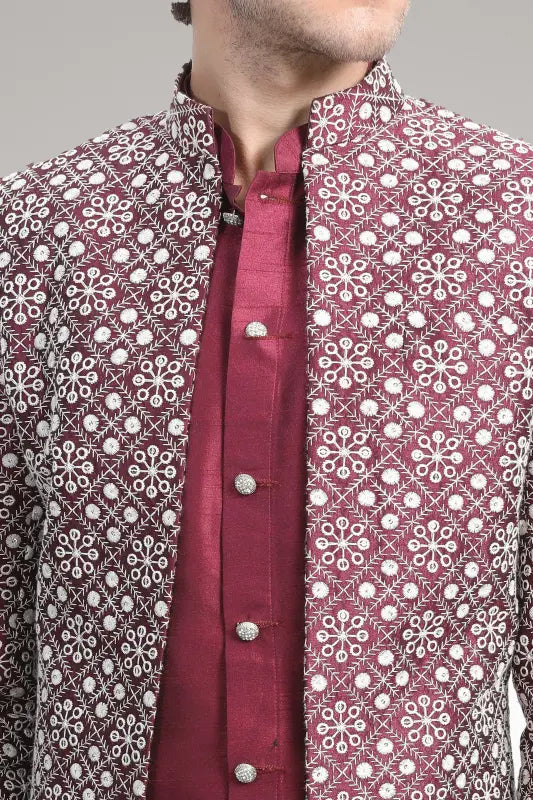 Deep plum over all embroidered open sherwani