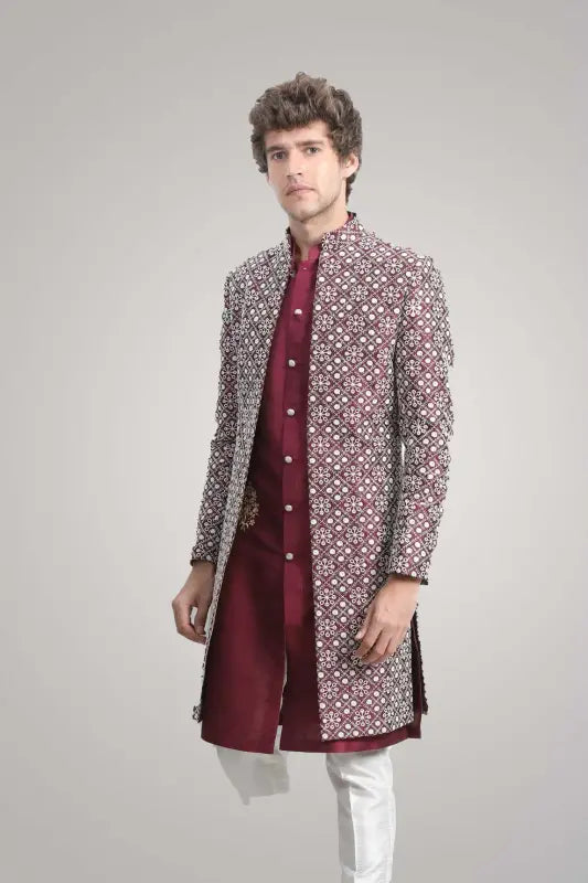 Deep plum over all embroidered open sherwani