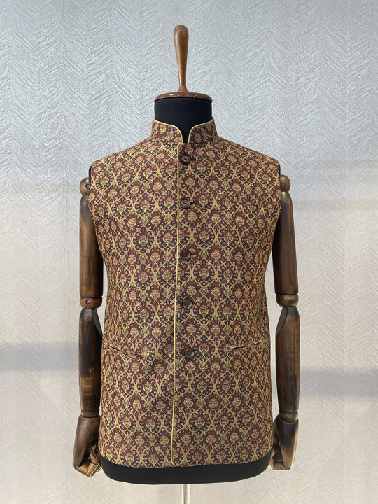 Maroon silk Nehru Jacket with a gold quatrefoil pattern