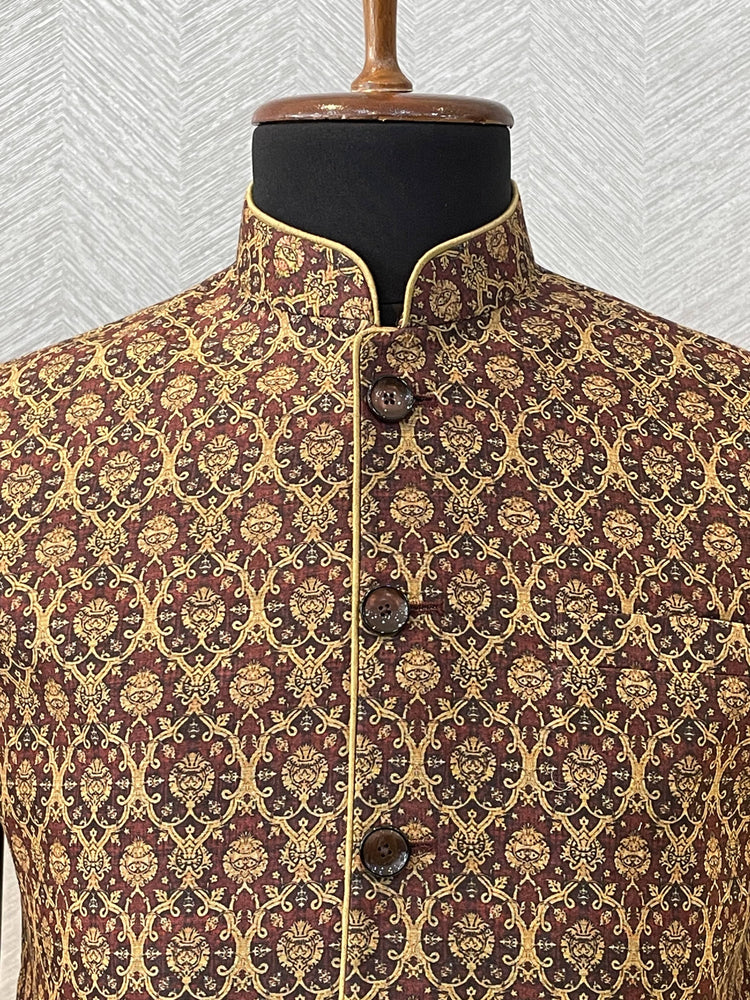 Maroon silk Nehru Jacket with a gold quatrefoil pattern