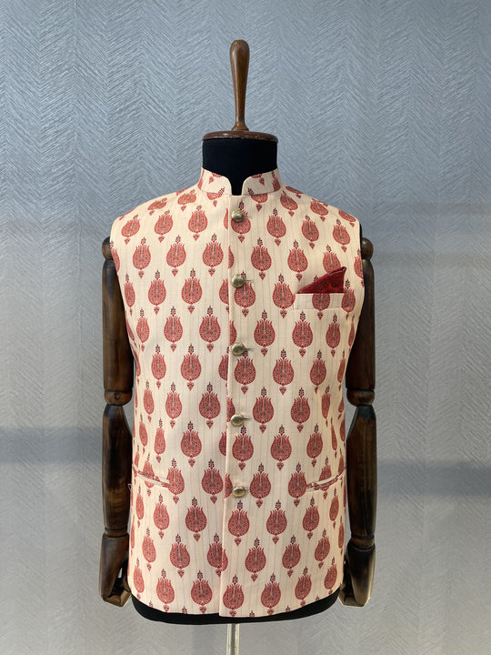 Peach printed Nehru Jacket with red motifs and thin gold stripes
