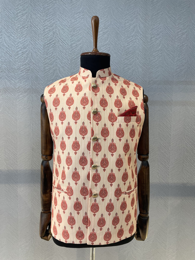 Peach printed Nehru Jacket with red motifs and thin gold stripes