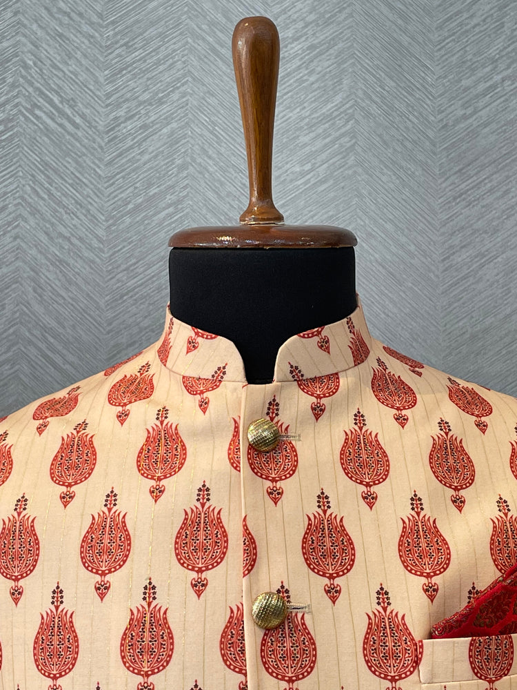 Peach printed Nehru Jacket with red motifs and thin gold stripes