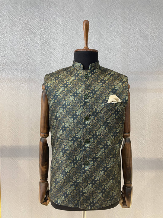 Forest green printed silk Nehru Jacket