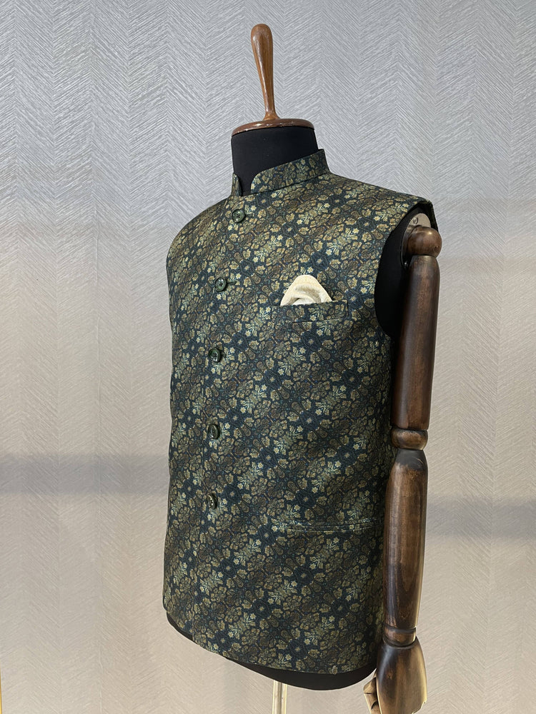 Forest green printed silk Nehru Jacket