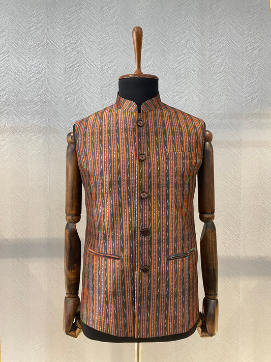 Green- orange striped silk Nehru Jacket