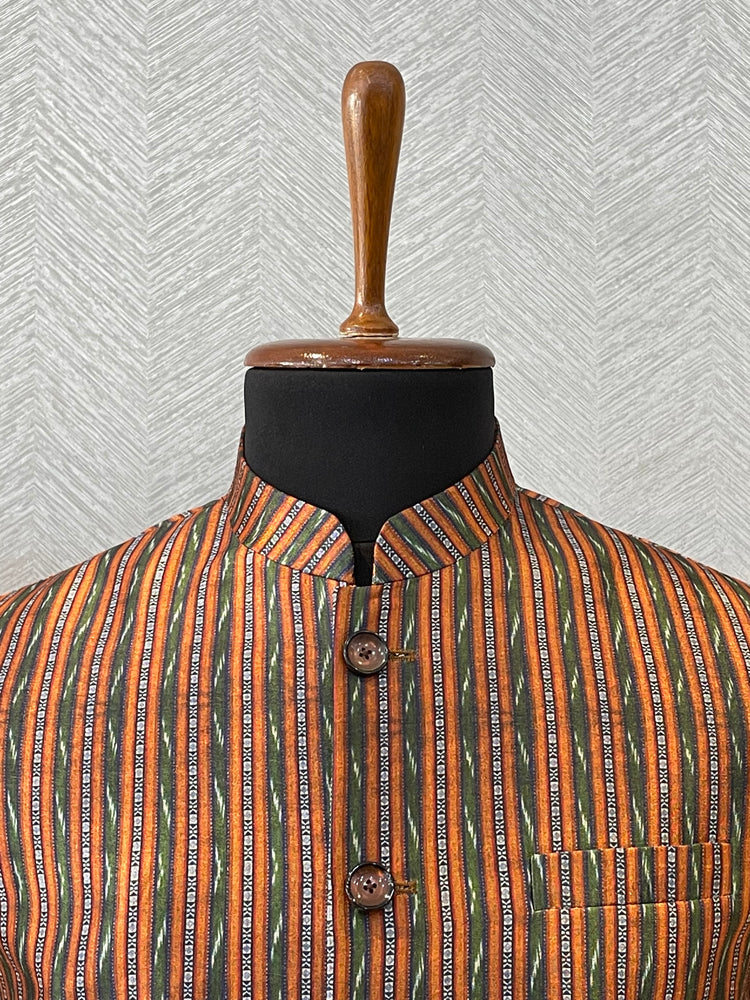 Green- orange striped silk Nehru Jacket