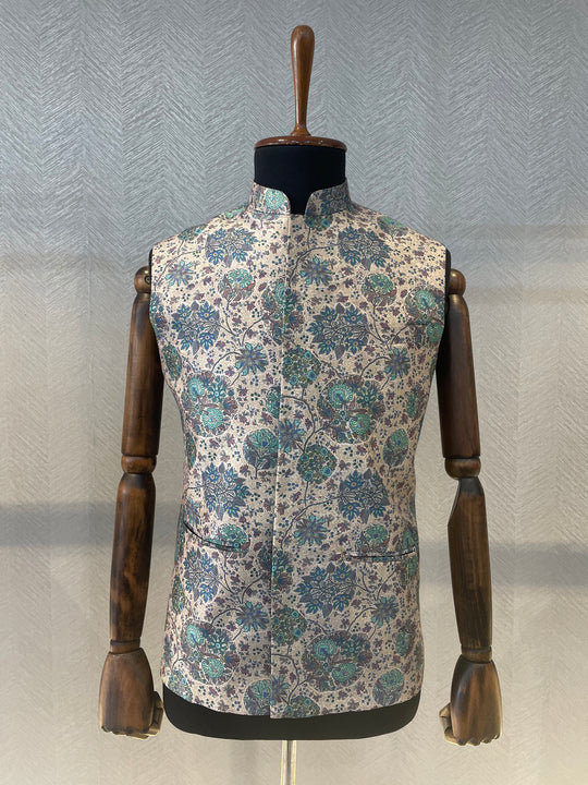 Lilac silk Floral Printed Nehru Jacket