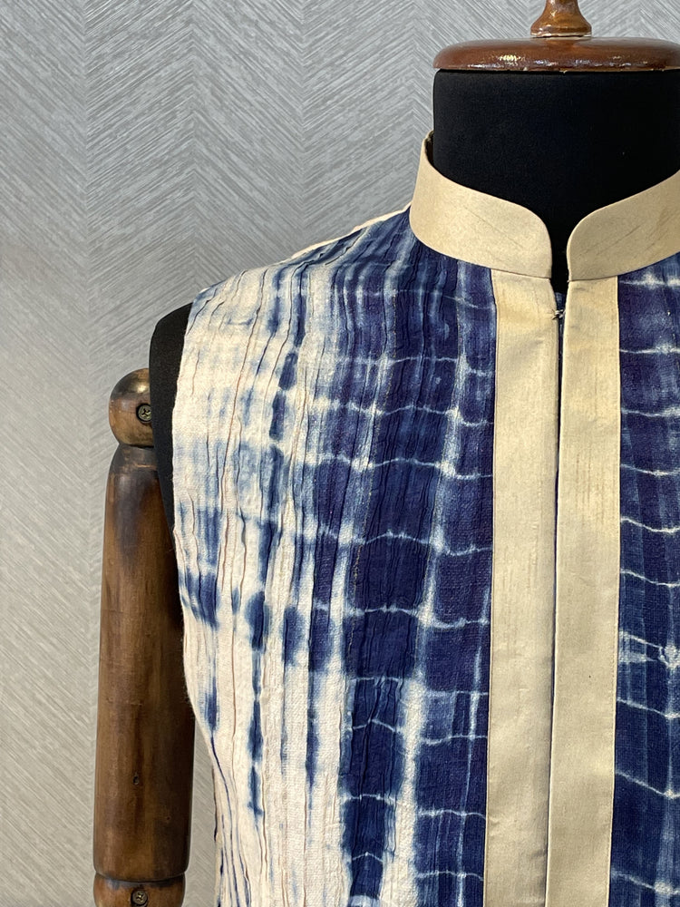 Blue tie-dye silk Nehru Jacket with light gold panels
