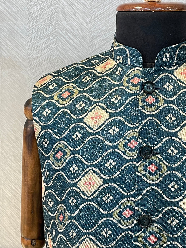 Indigo blue ogee printed Nehru Jacket with baby pink contrast prints