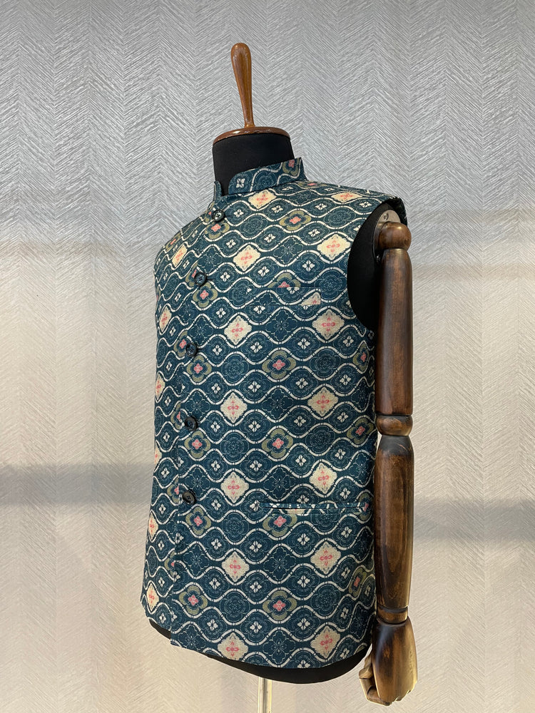Indigo blue ogee printed Nehru Jacket with baby pink contrast prints