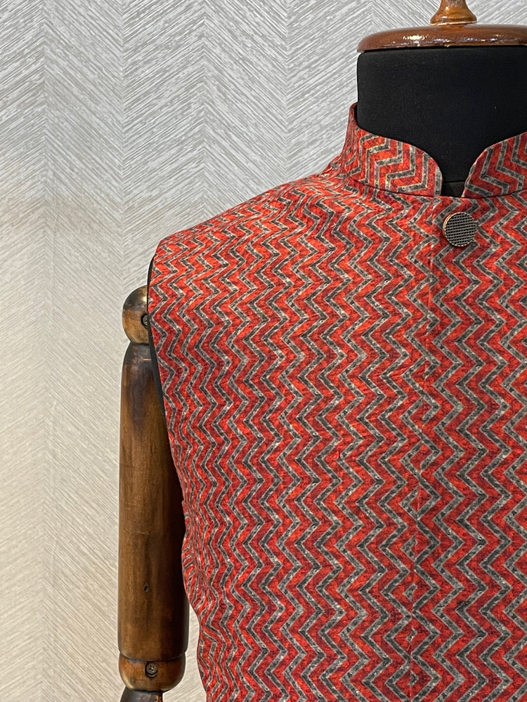 Red silk Nehru Jacket with dark grey chevron print