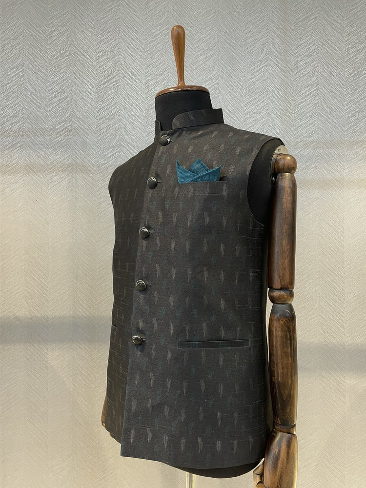 Metallic black silk Nehru Jacket with teal.