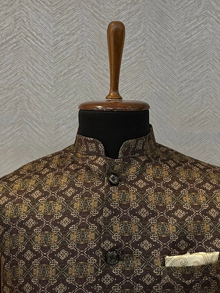 Dark brown-gold printed silk Nehru Jacket.