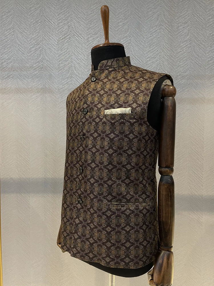 Dark brown-gold printed silk Nehru Jacket.