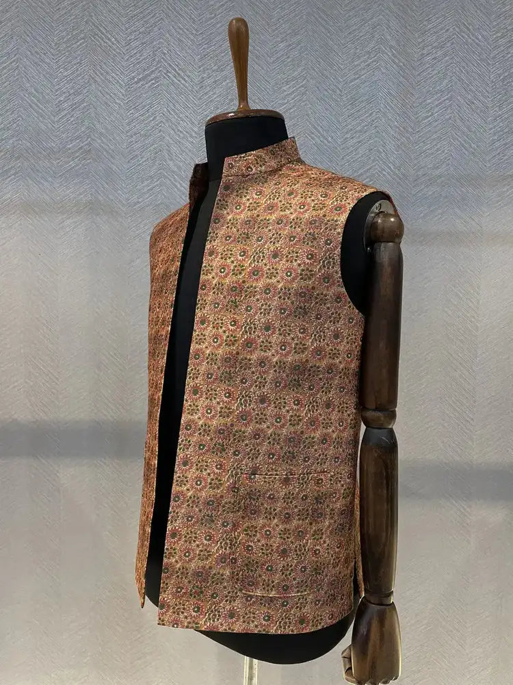 Open Nehru Jacket with multicolor floral pattern