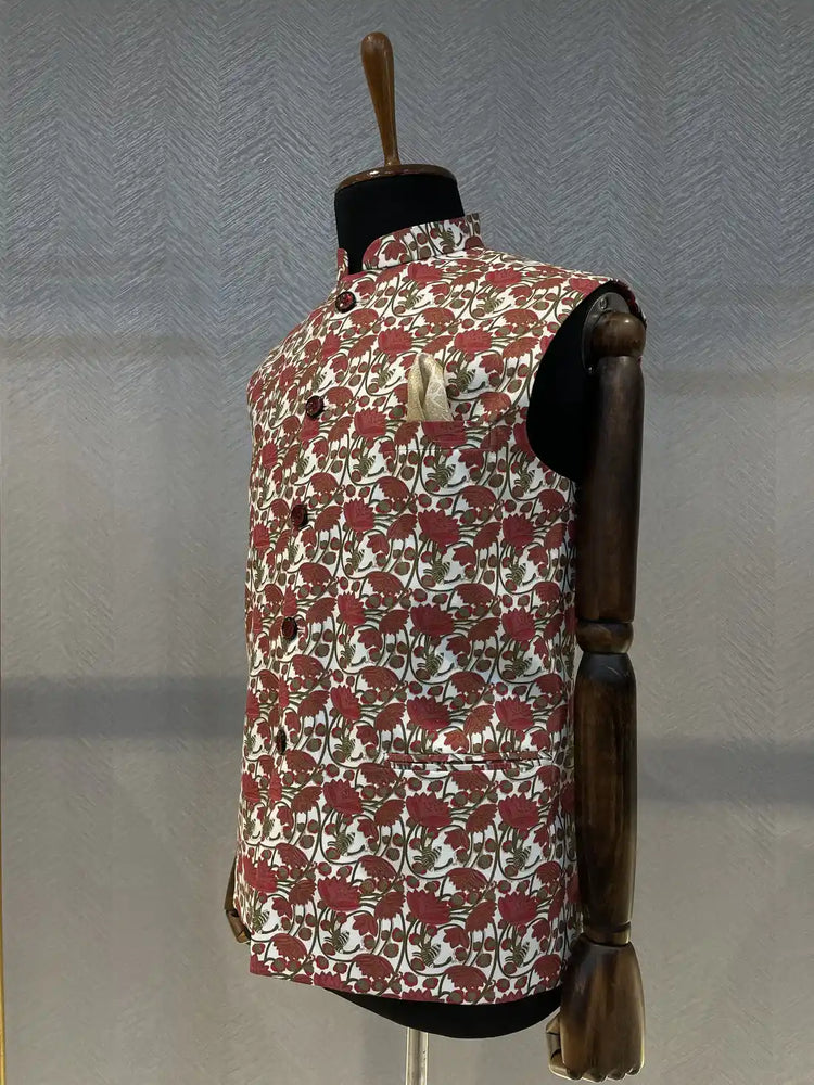 Hand-block printed red floral Nehru Jacket with gold lines