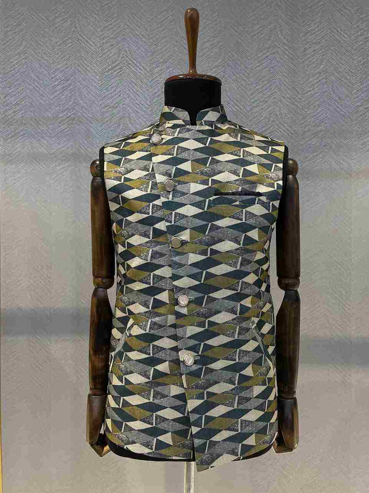 Asymmetric silk Nehru Jacket with blue-green colour block print
